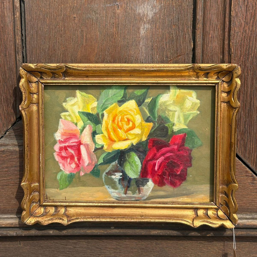 Tableau bouquet de roses - huile sur panneau de bois