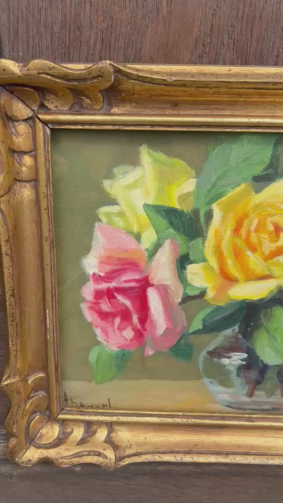 Tableau bouquet de roses - huile sur panneau de bois